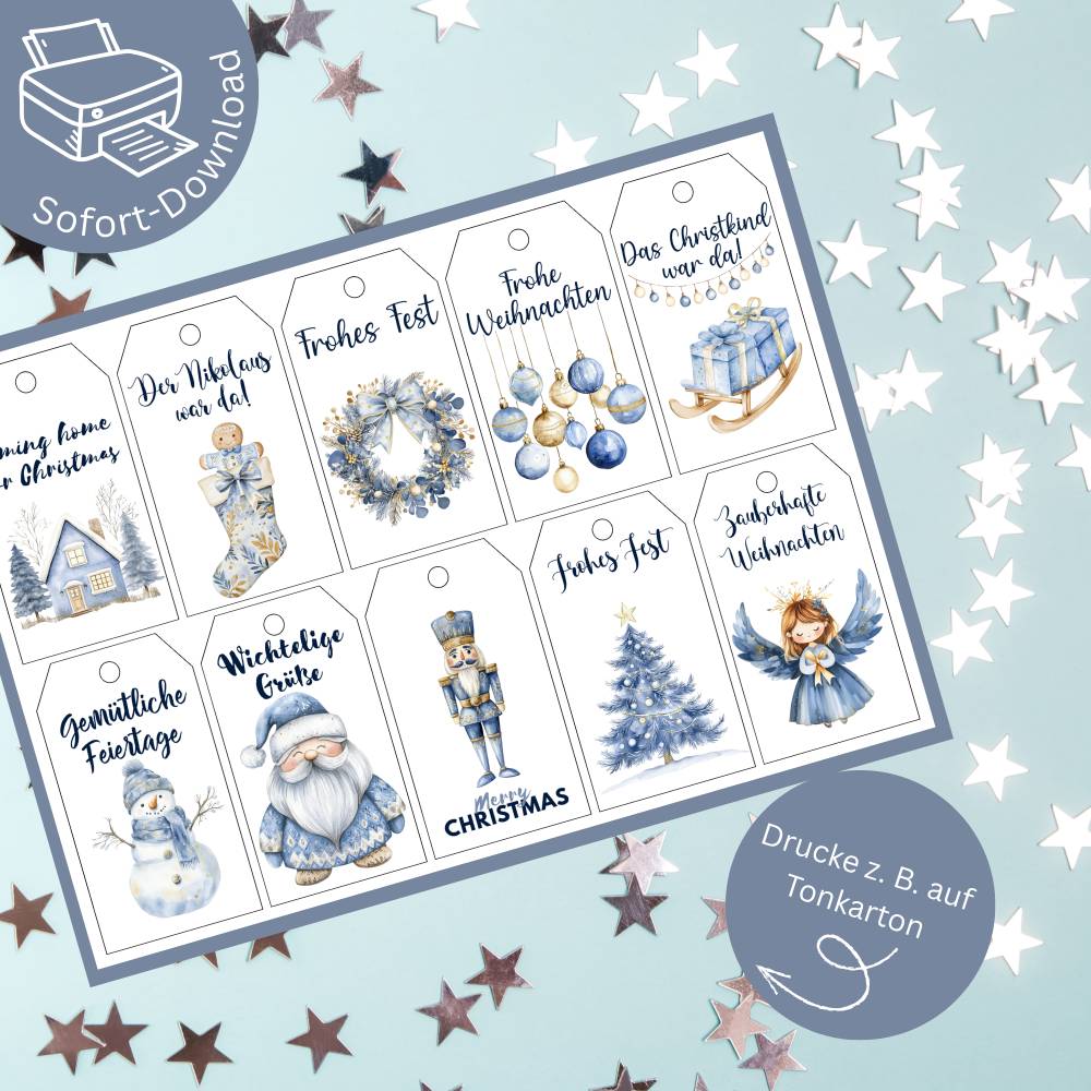 Blue Christmas niedliche Geschenkanhänger zum Ausdrucken Bild 1