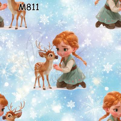 M811 PummelPinguine Exclusive „Kinderstoff Mädchen mit Rehkitz im Schnee