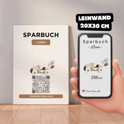 Digitales Sparbuch | Personalisiertes Geldgeschenk | QrCode Bild auf Leinwand 20x30cm | Motiv Auto