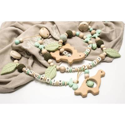 Kinderwagenkette Wagenkette einzeln oder als Spar Set natur Holz Dino Dinosaurier Greifling Schnullerkette