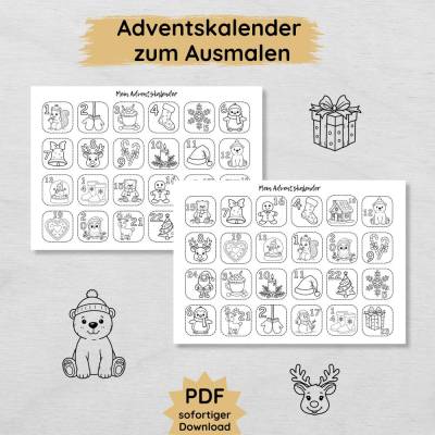 Adventskalender für Kinder zum Ausmalen in 2 Varianten, PDF Druckvorlage