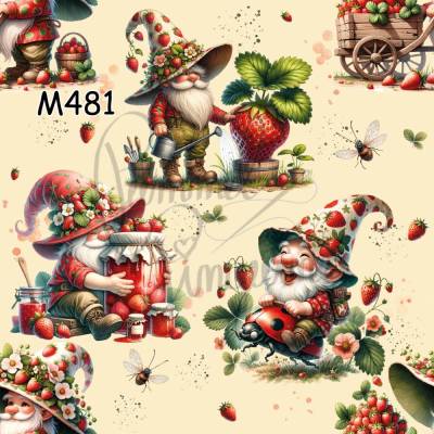 M481 PummelPinguine Exclusive „Kinderstoffe Strawberry Gnomes Gartenzwerge mit Erdbeeren & Marienkäfer