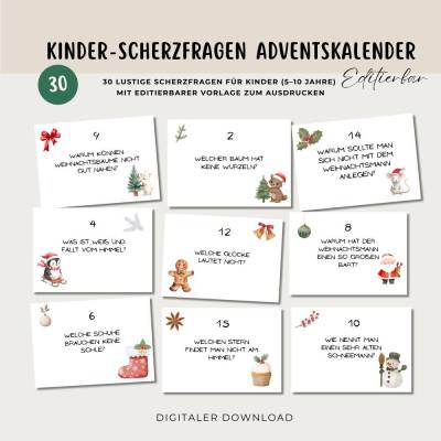 Lustiger Adventskalender für Kinder, Scherzfragen PDF zum Ausdrucken und Bearbeiten, 30 Karten mit und ohne Lösung