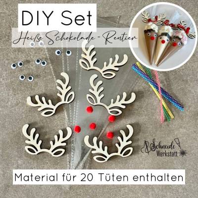 DIY Bastelset für 20x Rentierschokolade – Weihnachtsgeschenk Idee, Holz Rentier Deko, Kakao Verpackung 20er Set
