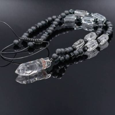 Herren Halskette aus Edelsteinen Bergkristall Achat Onyx Hämatit, Handgemachter Schmuck, 61 cm