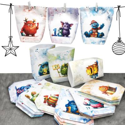Adventskalender zum Befüllen – 24 handgemachte Papier-Tüten mit niedlichen Monstern, ca. 14 x 15 cm