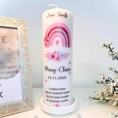 Taufkerze ,Regenbogen mit Blume Floral ,für Mädchen Maße 25x8 cm