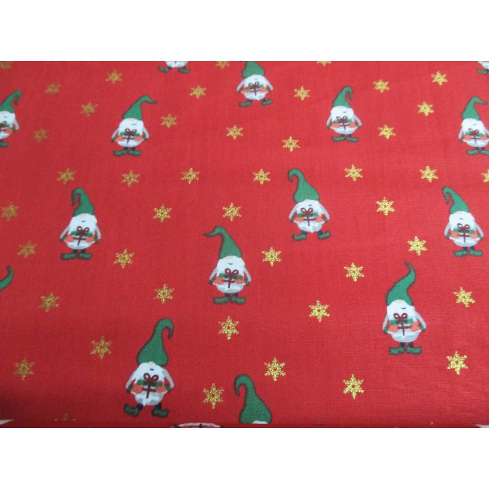 Weihnachtsstoff Baumwolle Wichtel rot gold (1m/10,-€)