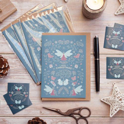 Weihnachtskarte 'Winterelfen' hellblau mit Umschlag aus Kraftpapier und Siegel | DinA6 | umweltfreundlich