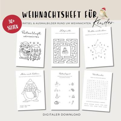 Weihnachtsrätsel Ausmalbuch für Kinder, Beschäftigungsbuch Weihnachten als PDF, Din A4 Druckvorlage, Adventsspiele, 