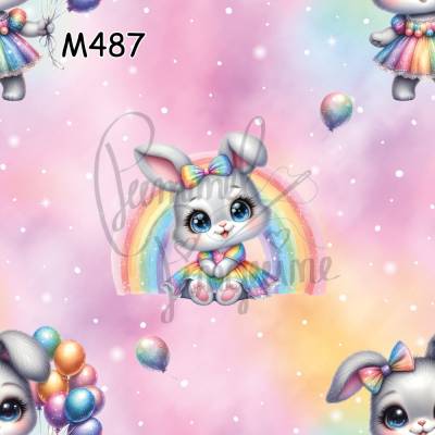 M487 PummelPinguine Exclusive „Kinderstoffe Hasi Ballon & Regenbogen Niedlicher Hase mit Luftballons