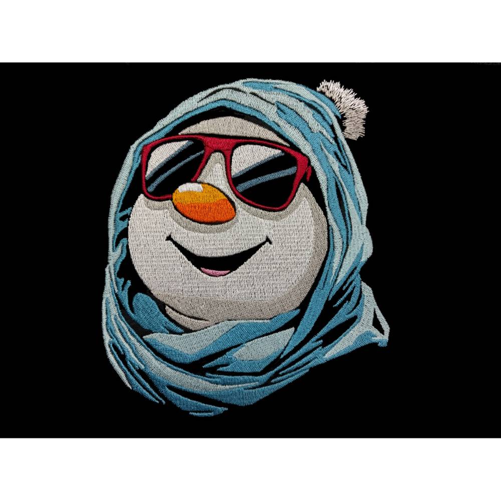 Schneemann Stickdatei cool Color Lichteffekt 10x10cm – Modernes Winter-Stickmuster für schwarze Stoffe Bild 1
