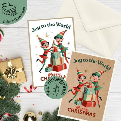Nostalgische Weihnachtskarte Elfen – Weihnachtskarte zum Ausdrucken als PDF