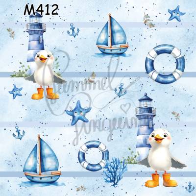 M412 PummelPinguine Exclusive „Maritimer Kinderstoffe Küstenfreunde, Leuchtturm mit Möwen, Boot & Ankern