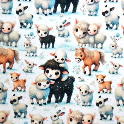 French Terry mit Lamm Lämmchen Schafe Pferde Hasen 50 x 150 cm Nähen♕