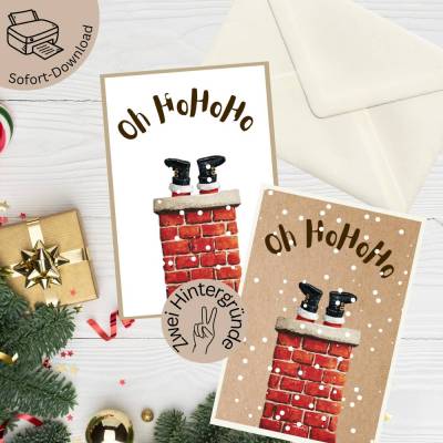 Nostalgische Weihnachtskarte Santa im Kamin als PDF – Vintage Weihnachtsgruß zum Ausdrucken