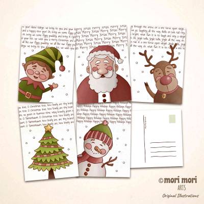 Weihnachten 5er Postkarten Set, illustriert, A6, Weihnachtsmann, Rudolph, Wichtel, Tannenbaum