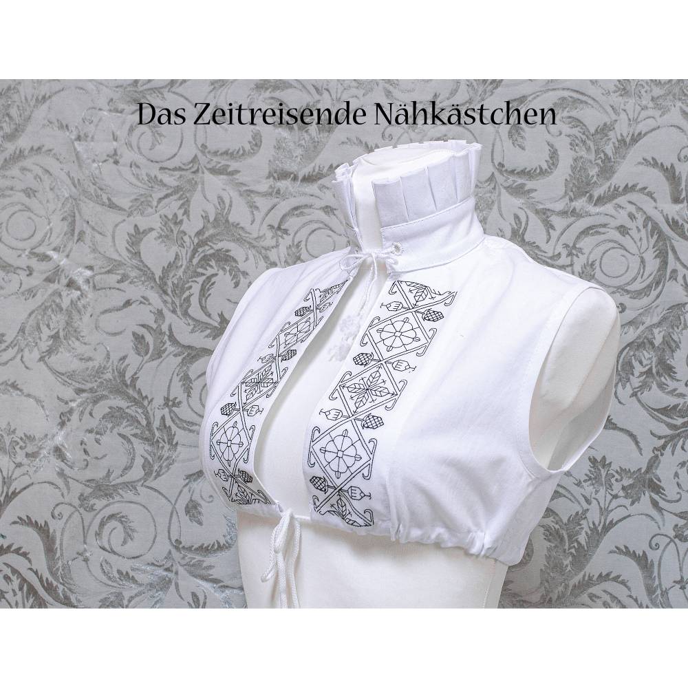 Partlet Renaissance Unterzieh-Hemd, ärmellos, Blackwork-Stickerei, Stehkragen, weiße Baumwolle, 16. Jh. Kleidung Bild 1