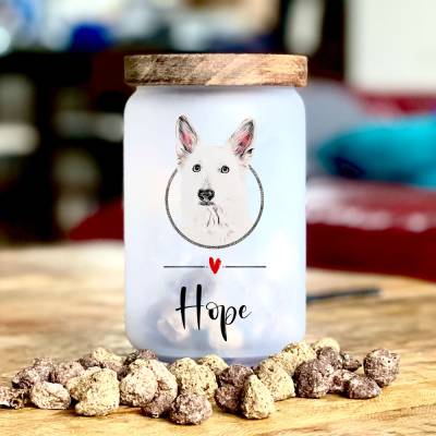 Glas Leckerlidose 'Schweizer Schäferhund' mit Namen, 700 ml