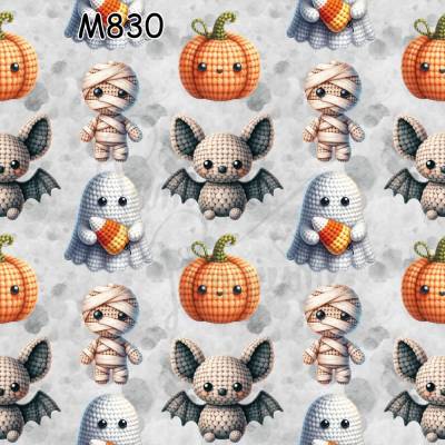 M830 PummelPinguine Exclusive „Kinderstoff Halloween Häkel-Look 3D – Geist, Fledermaus, Mumie & Kürbis