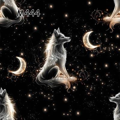 M444 PummelPinguine Exclusive „Kinderstoffe Black & Gold Moonlight Spiritueller Wolf mit Halbmond und Sternen