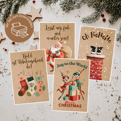 Retro Weihnachtskarten zum Ausdrucken - 4er Sparset