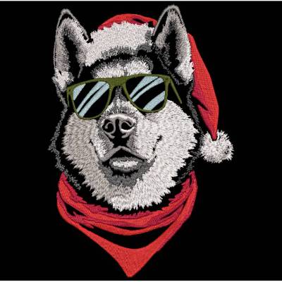 Husky Santa Stickdatei mit Lichteffekt –  12-14x18cm Winterliches Stickmuster für schwarze Stoffe