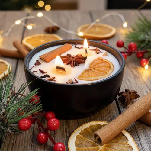 Yule Duftkerze im Behälter mit Holzdocht, Bio Soja Wachs, Weihnachtskerze mit natürlicher Dekoration, Weihnachten