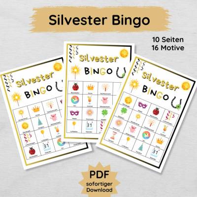 Silvester Bingo Spielvorlage für Kinder zum Ausdrucken, Silvesterparty Spiel