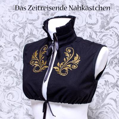 Partlet Renaissance Unterzieh-Hemd, ärmellos, Gold o. Silber-Stickerei, Stehkragen, schwarze Baumwolle, 16. Jh. Kleid