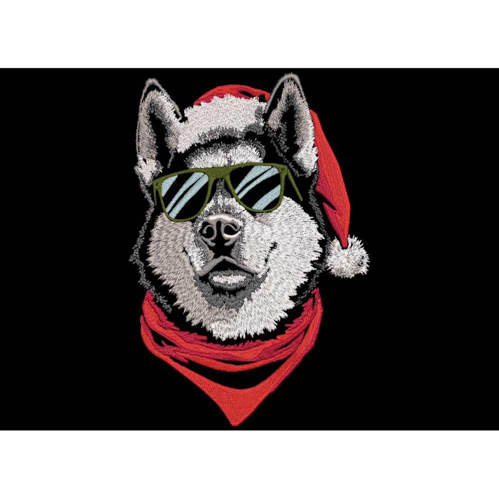 Husky Santa Stickdatei mit Lichteffekt – 24-26*15-16cm, JEF 20*17cm Winterliches Stickmuster für schwarze Stoffe Bild 1