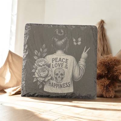 LASERDATEI  PNG Peace, Love & Happiness – Frau mit Blumen und Skull | Tattoo Style | Laser Ready PNG | Digital Download 