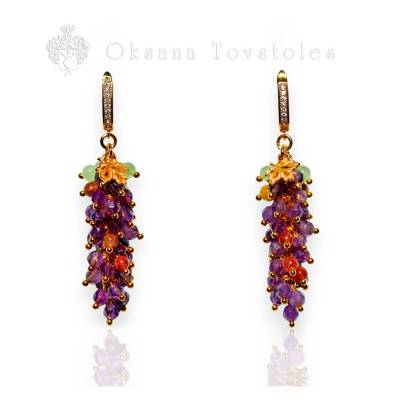 Amethyst Trauben Ohrringe mit Onyx und Turmalin, 18K vergoldete Blätter, luxuriöse handgefertigte Hängeohrringe