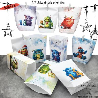 DIY Adventskalendertüten zum Basteln – Niedliche Monster als PDF Download