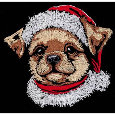 Welpe Santa Stickdatei mit Lichteffekt – 14x14cm bzw. 15x15cm Winterliches Stickmuster für schwarze Stoffe