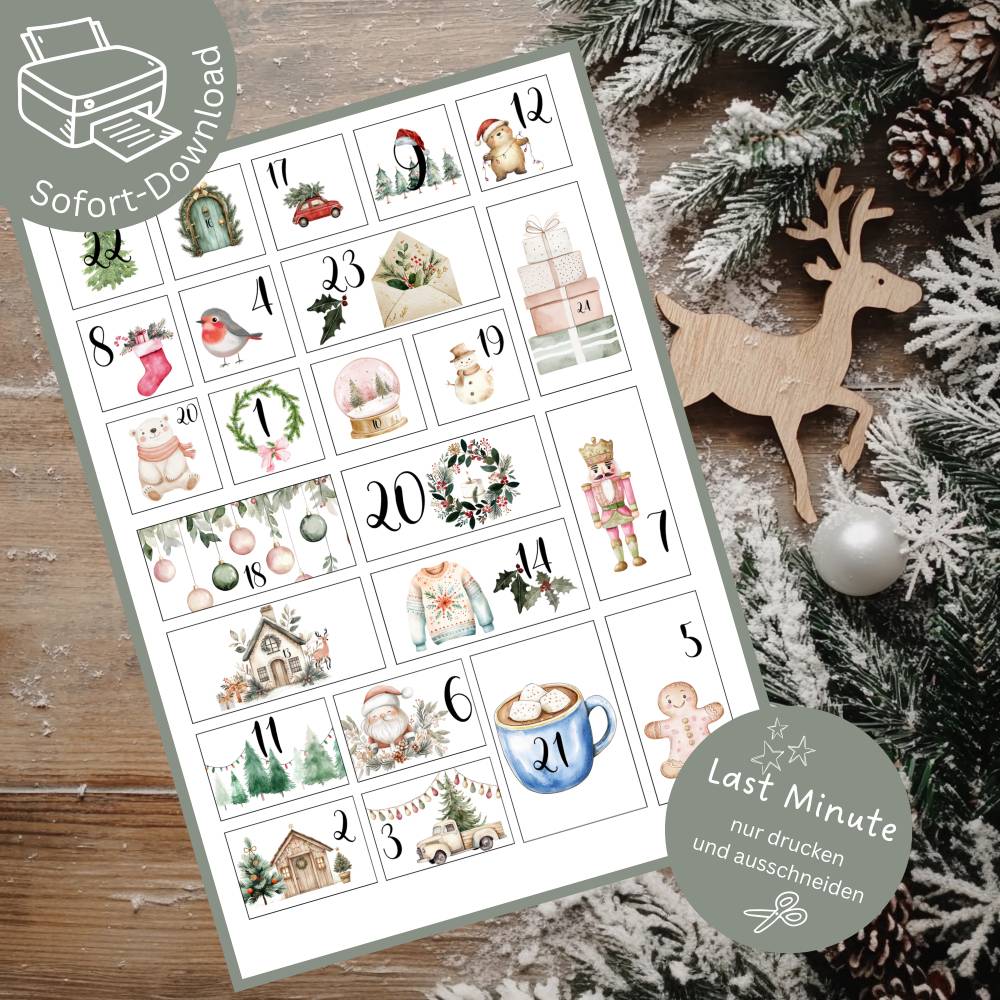 PDF-Adventskalender-Zahlen im Boho-Stil – 1 bis 24 zum Ausdrucken Bild 1
