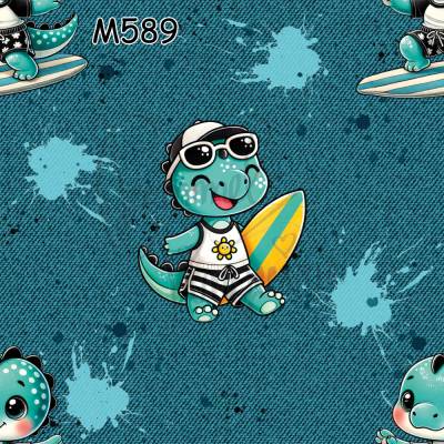 M589 PummelPinguine Exclusive „Kinderstoff Dino Surfer – Süßer Sommer-Dino mit Surfbrett