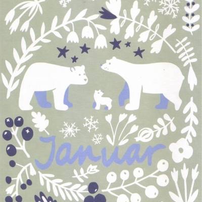 Postkarte, Monatskarte Januar, mit Familie Eisbär