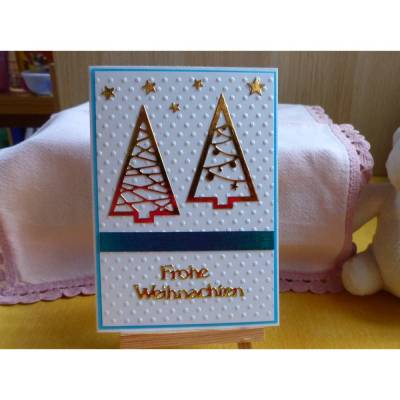 Weihnachtskarte mit Tannen in gold, handgefertigt