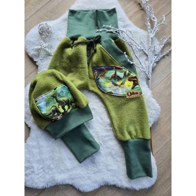 warme Winterhose Pumphose mit Mütze Gr. 98-104 – Polarfleece, mitwachsend & kuschelig Dinosaurier Winteroutfit