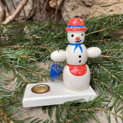 Erzgebirge Vintage Schneemann Kerzenhalter handgefertigt Seiffen DDR Volkskunst