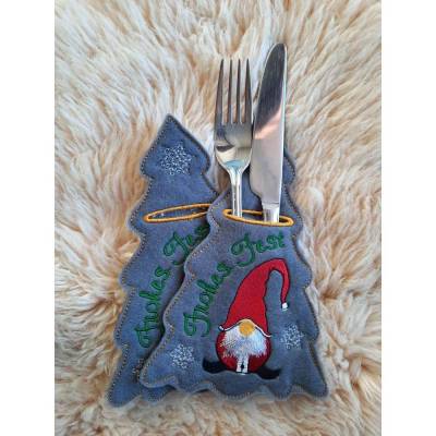 4er Set: Weihnachtliche Bestecktasche in Tannenbaumform mit Wichtel – Adventstisch stilvoll dekorieren