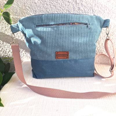 Schultertasche Crossbodytasche Damen aus Cord und Canvas in hell petrol– Verstellbar & Stylisch