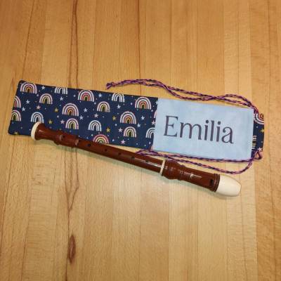 Flötentasche mit Namen, Flötenbeutel - Regenbogen blau (mit optionalen Zubehör)