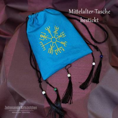 Mittelalter Almosenbeutel mit Vegvísir – türkis, bestickt, mit Achatperlen & Quasten – Gürteltasche für LARP & Fantasy