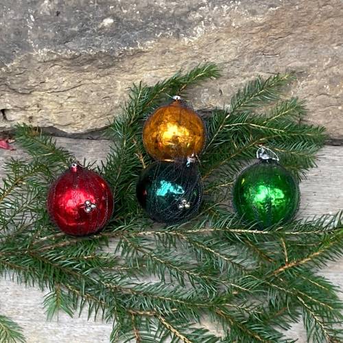 4 uralte bunte Christbaumkugeln mit leonischem Draht Lauscha 30er 40er Jahre