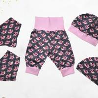 Mädchen Pumphose, Dreieckstuch, Knotenmütze, Beanie Baby und Kleinkind - Gr. 56 - 98 - Rosa Grau Blumen Igel - Einzelstü