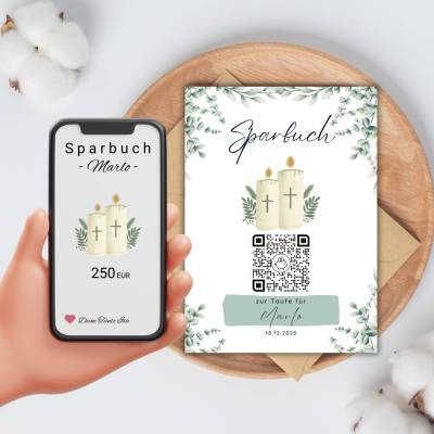 Personalisiertes Sparbuch mit QR-Code. Das perfekte Geschenk zur Taufe | Taufkerze