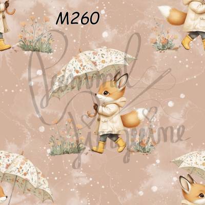 M260 PummelPinguine Exclusive Stoffe „Fuchs im Regen – Herbstlicher Tierstoff mit Regenschirm