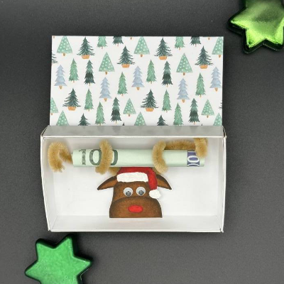 Geldgeschenk Weihnachten: Handgemalter Elch Geschenkschachtel mit Wackelaugen